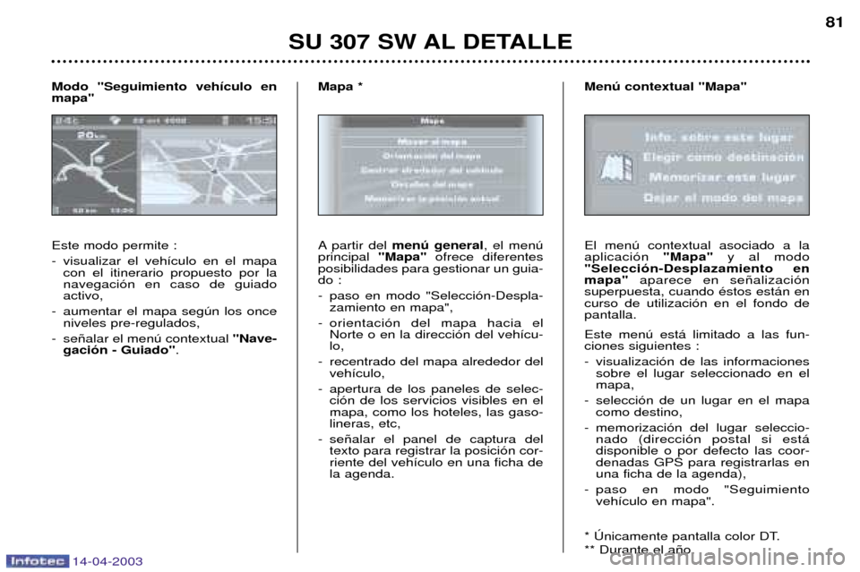 Peugeot 307 SW 2003  Manual del propietario (in Spanish) 14-04-2003
SU 307 SW AL DETALLE81
Este modo permite : 
- visualizar el veh’culo en el mapa con el itinerario propuesto por la navegaci—n en caso de guiadoactivo,
- aumentar el mapa segœn los once