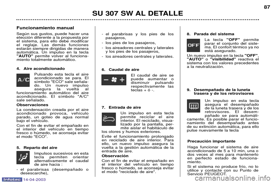 Peugeot 307 SW 2003  Manual del propietario (in Spanish) 14-04-2003
SU 307 SW AL DETALLE87
Funcionamiento manual Segœn sus gustos, puede hacer una elecci—n diferente a la propuesta porel sistema, para ello debe modificarel reglaje. Las dem‡s funcionese