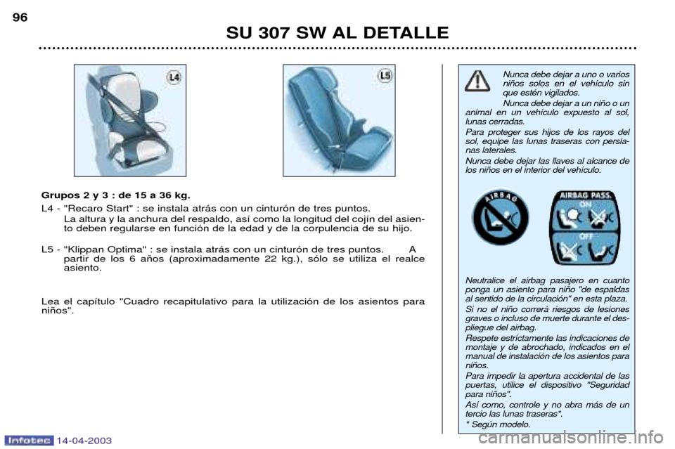 Peugeot 307 SW 2003 Manual del propietario (in Spanish) 14-04-2003
SU 307 SW AL DETALLE
96
Nunca debe dejar a uno o varios ni–os solos en el veh’culo sinque estŽn vigilados. Nunca debe dejar a un ni–o o un
animal en un veh’culo expuesto al sol, lu Peugeot 307 SW 2003 Manual del propietario (in Spanish) 14-04-2003
SU 307 SW AL DETALLE
96
Nunca debe dejar a uno o varios ni–os solos en el veh’culo sinque estŽn vigilados. Nunca debe dejar a un ni–o o un
animal en un veh’culo expuesto al sol, lu