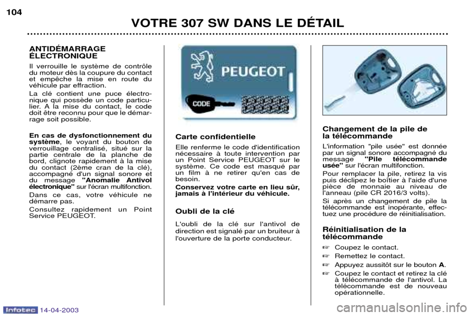 Peugeot 307 SW 2003  Manuel du propriétaire (in French) Carte confidentielle Elle renferme le code didentification nŽcessaire ˆ toute intervention par
un Point Service PEUGEOT sur lesystun film ˆ ne retirer quen cas debesoin. 
Conservez votre carte en