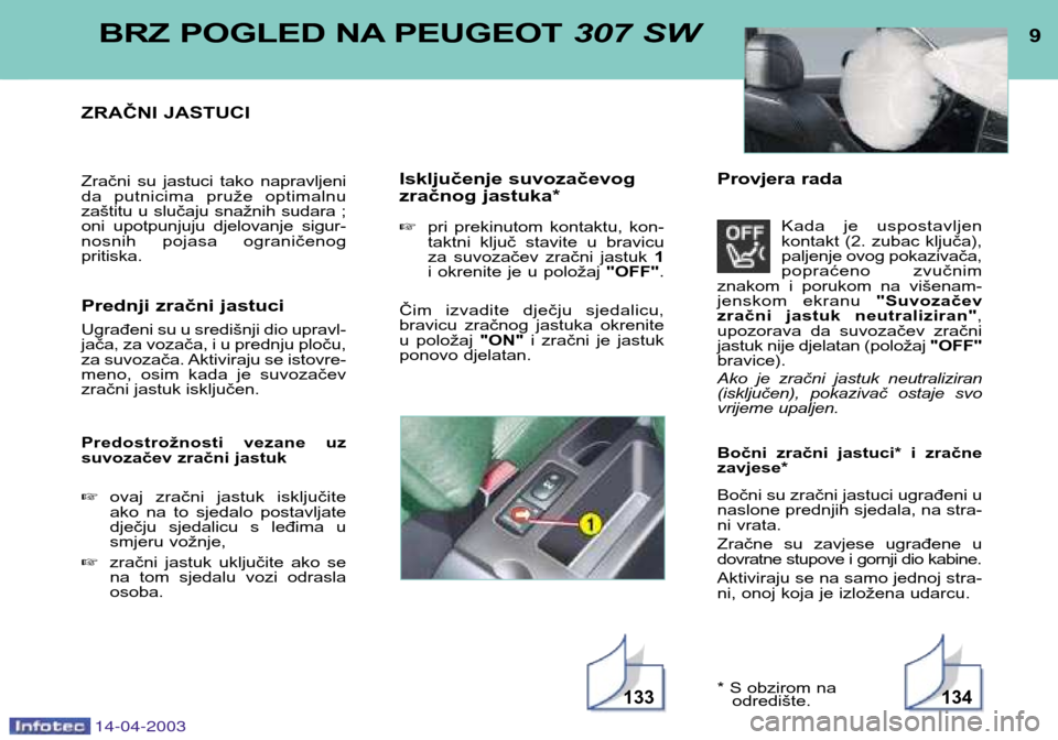 Peugeot 307 SW 2003  Vodič za korisnike (in Croatian) 14-04-2003
9BRZ POGLED NA PEUGEOT307 SW
ZRAČNI JASTUCI 
Zračni  su  jastuci  tako  napravljeni 
da  putnicima  pruže  optimalnu
zaštitu u slučaju snažnih sudara ;
oni  upotpunjuju  djelovanje  s