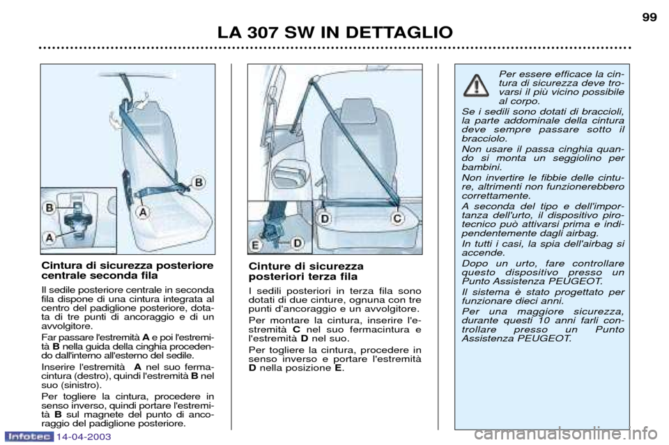 Peugeot 307 SW 2003 Manuale del proprietario (in Italian) 14-04-2003
LA 307 SW IN DETTAGLIO99
Cinture di sicurezza posteriori terza fila I sedili posteriori in terza fila sono dotati di due cinture, ognuna con trepunti dancoraggio e un avvolgitore. Per mon Peugeot 307 SW 2003 Manuale del proprietario (in Italian) 14-04-2003
LA 307 SW IN DETTAGLIO99
Cinture di sicurezza posteriori terza fila I sedili posteriori in terza fila sono dotati di due cinture, ognuna con trepunti dancoraggio e un avvolgitore. Per mon