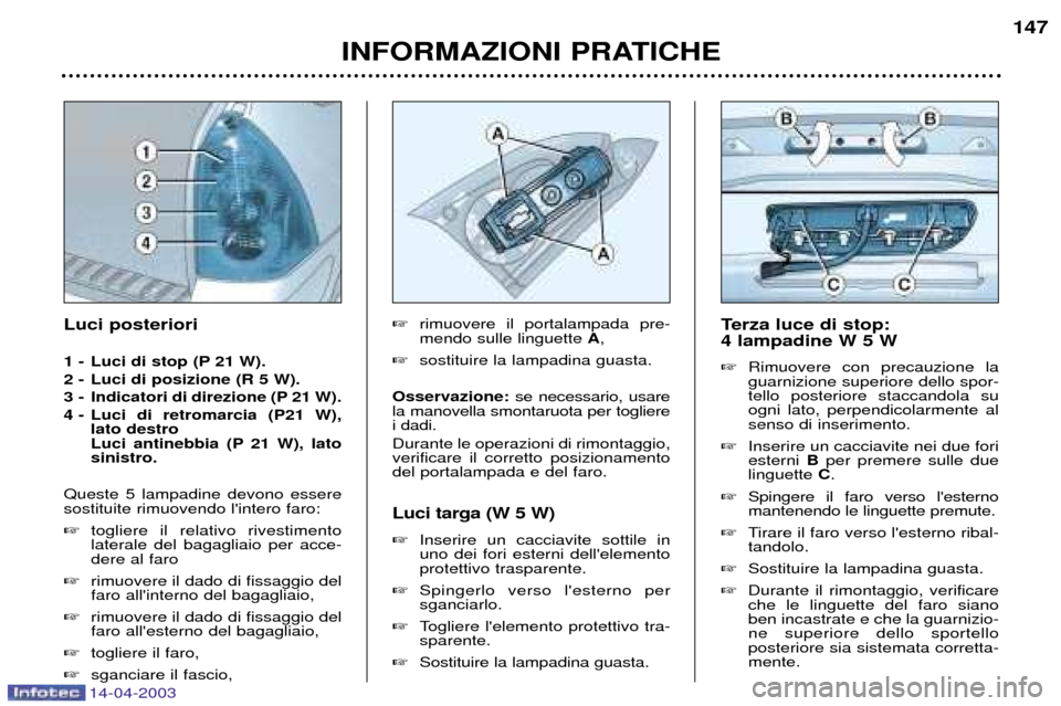 Peugeot 307 SW 2003  Manuale del proprietario (in Italian) 14-04-2003
INFORMAZIONI PRATICHE147
Terza luce di stop:  4 lampadine W 5 W  Rimuovere con precauzione la guarnizione superiore dello spor-tello posteriore staccandola suogni lato, perpendicolarmente 
