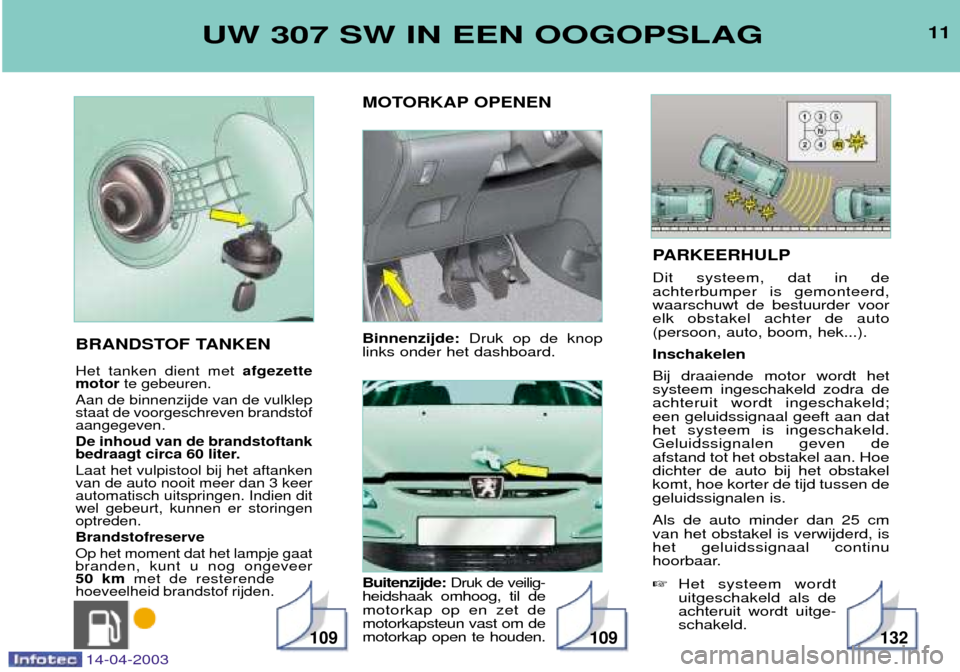 Peugeot 307 SW 2003  Handleiding (in Dutch) PARKEERHULP Dit systeem, dat in de achterbumper is gemonteerd,waarschuwt de bestuurder voorelk obstakel achter de auto(persoon, auto, boom, hek...). Inschakelen Bij draaiende motor wordt het systeem i
