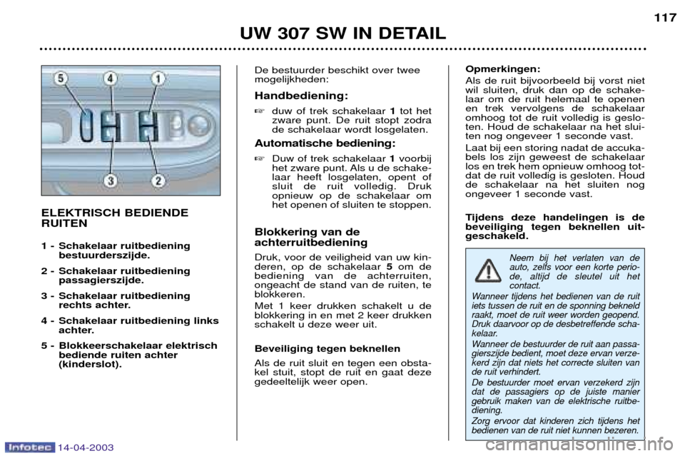 Peugeot 307 SW 2003  Handleiding (in Dutch) 14-04-2003
UW 307 SW IN DETAIL117
ELEKTRISCH BEDIENDE RUITEN 
1 - Schakelaar ruitbediening 
bestuurderszijde.
2 - Schakelaar ruitbediening  passagierszijde.
3 - Schakelaar ruitbediening rechts achter.