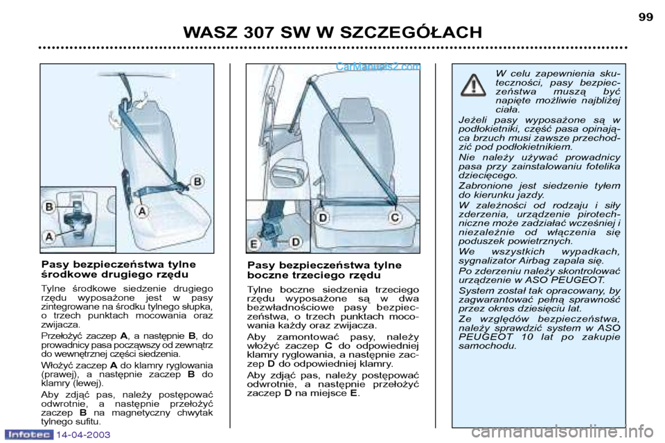 Peugeot 307 SW 2003 Instrukcja Obsługi (in Polish) 14-04-2003
WASZ 307 SW W SZCZEGÓŁACH99
Pasy bezpieczeństwa tylne
boczne trzeciego rzędu
Tylne boczne siedzenia trzeciego
rzędu wyposażone są w dwa
bezwładnościowe pasy bezpiec-
ze Peugeot 307 SW 2003 Instrukcja Obsługi (in Polish) 14-04-2003
WASZ 307 SW W SZCZEGÓŁACH99
Pasy bezpieczeństwa tylne
boczne trzeciego rzędu
Tylne boczne siedzenia trzeciego
rzędu wyposażone są w dwa
bezwładnościowe pasy bezpiec-
ze