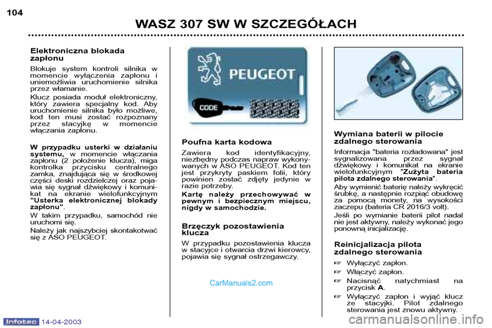 Peugeot 307 SW 2003 Instrukcja Obsługi (in Polish) 14-04-2003
Poufna karta kodowa
Zawiera kod identyfikacyjny,
niezbędny podczas napraw wykony-
wanych w ASO PEUGEOT. Kod ten
jest przykryty paskiem folii, który
powinien zostać zdję Peugeot 307 SW 2003 Instrukcja Obsługi (in Polish) 14-04-2003
Poufna karta kodowa
Zawiera kod identyfikacyjny,
niezbędny podczas napraw wykony-
wanych w ASO PEUGEOT. Kod ten
jest przykryty paskiem folii, który
powinien zostać zdję