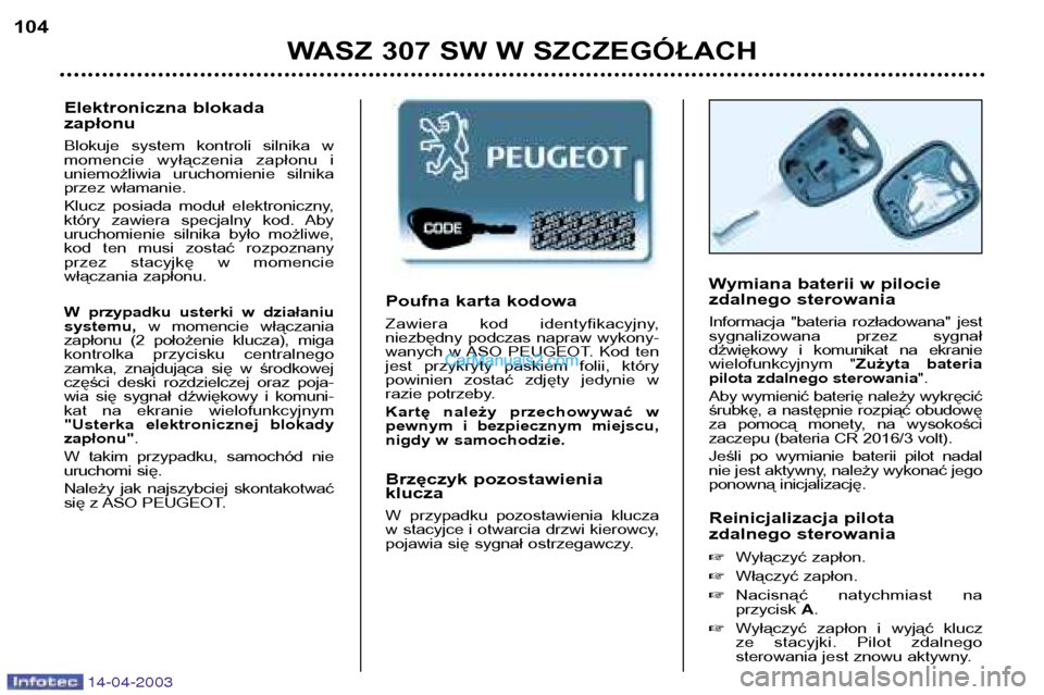 Peugeot 307 SW 2003 Instrukcja Obsługi (in Polish) 14-04-2003
Poufna karta kodowa
Zawiera kod identyfikacyjny,
niezbędny podczas napraw wykony-
wanych w ASO PEUGEOT. Kod ten
jest przykryty paskiem folii, który
powinien zostać zdję Peugeot 307 SW 2003 Instrukcja Obsługi (in Polish) 14-04-2003
Poufna karta kodowa
Zawiera kod identyfikacyjny,
niezbędny podczas napraw wykony-
wanych w ASO PEUGEOT. Kod ten
jest przykryty paskiem folii, który
powinien zostać zdję