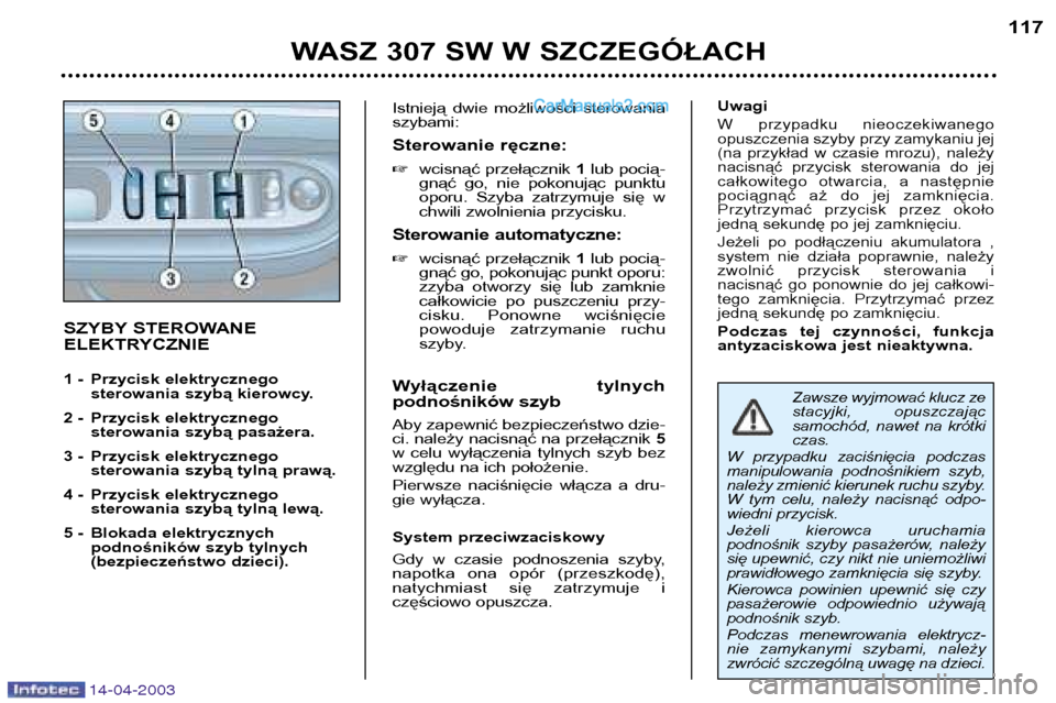 Peugeot 307 SW 2003 Instrukcja Obsługi (in Polish) 14-04-2003
WASZ 307 SW W SZCZEGÓŁACH117
SZYBY STEROWANE
ELEKTRYCZNIE
1 - Przycisk elektrycznego
sterowania szybą kierowcy.
2 - Przycisk elektrycznego sterowania szybą pasażera.
3 - Przycisk e Peugeot 307 SW 2003 Instrukcja Obsługi (in Polish) 14-04-2003
WASZ 307 SW W SZCZEGÓŁACH117
SZYBY STEROWANE
ELEKTRYCZNIE
1 - Przycisk elektrycznego
sterowania szybą kierowcy.
2 - Przycisk elektrycznego sterowania szybą pasażera.
3 - Przycisk e