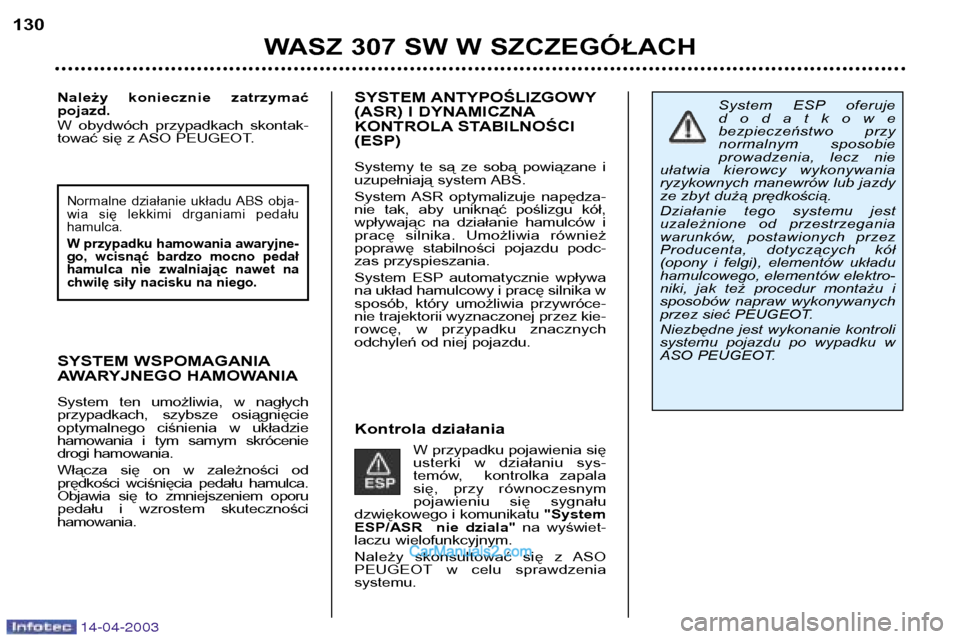 Peugeot 307 SW 2003  Instrukcja Obsługi (in Polish) 14-04-2003
SYSTEM ANTYPOŚLIZGOWY 
(ASR) I DYNAMICZNA
KONTROLA STABILNOŚCI(ESP) 
Systemy  te  są  ze  sobą  powiązane  i 
uzupełniają system ABS. 
System  ASR  optymalizuje  napędza- 
nie  tak,