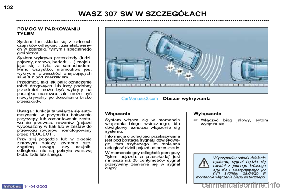 Peugeot 307 SW 2003  Instrukcja Obsługi (in Polish) 14-04-2003
POMOC W PARKOWANIU TYŁEM 
System  ten  składa  się  z  czterech 
czujników odległości, zainstalowany-
ch  w  zderzaku  tylnym  i  specjalnegogłośniczka. 
System  wykrywa  przeszkody