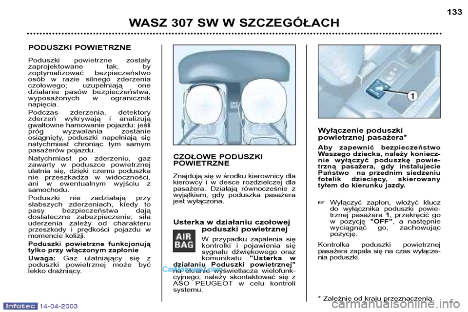 Peugeot 307 SW 2003  Instrukcja Obsługi (in Polish) 14-04-2003
PODUSZKI POWIETRZNE 
Poduszki  powietrzne  zostały  
zaprojektowane  tak,  by 
zoptymalizować  bezpieczeństwo
osób  w  razie  silnego  zderzenia
czołowego;  uzupełniają  one
działan