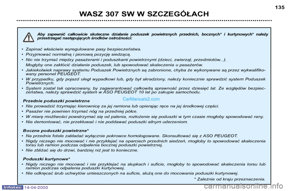 Peugeot 307 SW 2003  Instrukcja Obsługi (in Polish) 14-04-2003
Aby  zapewnić  całkowicie  skuteczne  działanie  poduszek  powietrznych  przednich,  bocznych*  i  kurtynowych*  należy  
przestrzegać następujących środków ostrożności:
•Zapin