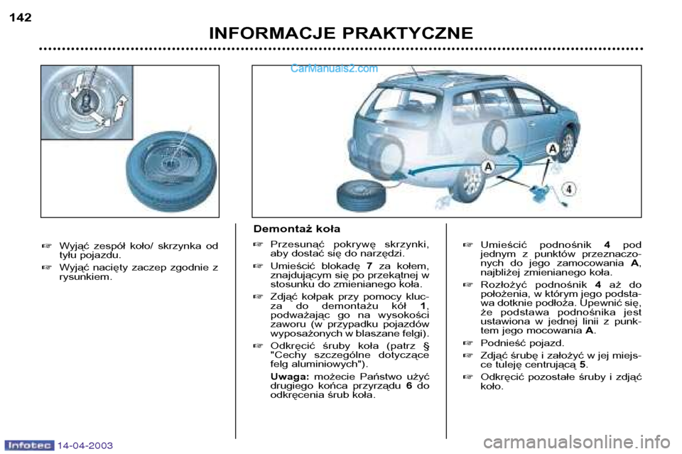 Peugeot 307 SW 2003  Instrukcja Obsługi (in Polish) 14-04-2003
�Umieścić  podnośnik  4pod 
jednym  z  punktów  przeznaczo- 
nych  do  jego  zamocowania  A,
najbliżej zmienianego koła.
� Rozłożyć  podnośnik  4aż  do
położenia, w którym jeg