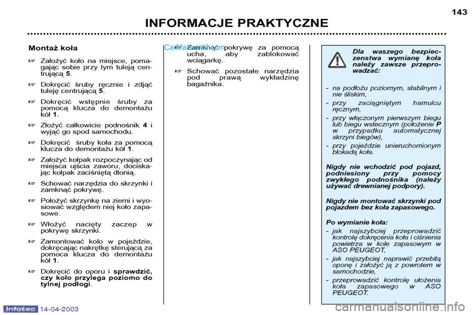Peugeot 307 SW 2003  Instrukcja Obsługi (in Polish) 14-04-2003
INFORMACJE PRAKTYCZNE143
Dla  waszego  bezpiec- 
zenstwa  wymianę  koła
należy  zawsze  przepro-wadzać:
- na  podłożu  poziomym,  stabilnym  i nie śliskim,
- przy  zaciągniętym  ha