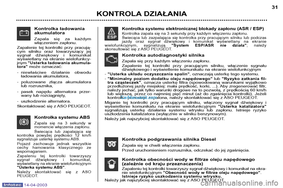 Peugeot 307 SW 2003  Instrukcja Obsługi (in Polish) 14-04-2003
Kontrolka ładowania akumulatora 
Zapala  się  za  każdym 
włączeniem zapłonu.
Zapalenie  tej  kontrolki  przy  pracują-
cym  silniku  oraz  towarzyszący  jej
sygnał  dźwiękowy  i