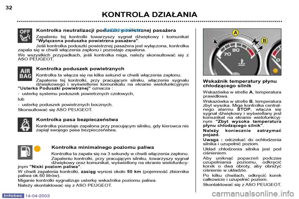 Peugeot 307 SW 2003  Instrukcja Obsługi (in Polish) 14-04-2003
Kontrolka neutralizacji poduszki powietrznej pasażera 
Zapaleniu  tej  kontrolki  towarzyszy  sygnał  dźwiękowy  i  komunikat 
"Wyłączona poduszka powietrzna pasażera".
Jeśli kontro