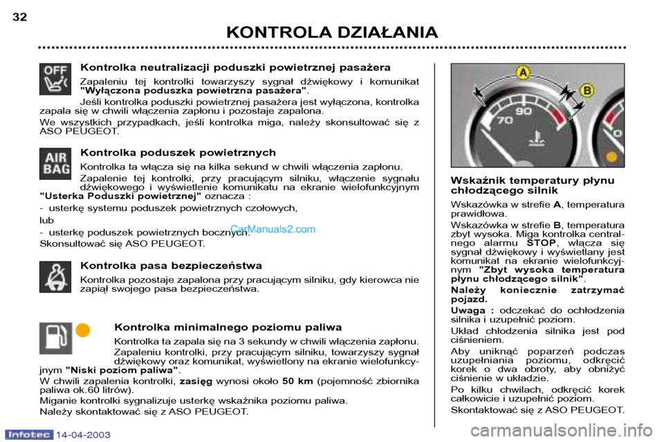 Peugeot 307 SW 2003 Instrukcja Obsługi (in Polish) 14-04-2003
Kontrolka neutralizacji poduszki powietrznej pasażera
Zapaleniu tej kontrolki towarzyszy sygnał dźwiękowy i komunikat
"Wyłączona poduszka powietrzna pasażera".
Jeśli kontro Peugeot 307 SW 2003 Instrukcja Obsługi (in Polish) 14-04-2003
Kontrolka neutralizacji poduszki powietrznej pasażera
Zapaleniu tej kontrolki towarzyszy sygnał dźwiękowy i komunikat
"Wyłączona poduszka powietrzna pasażera".
Jeśli kontro