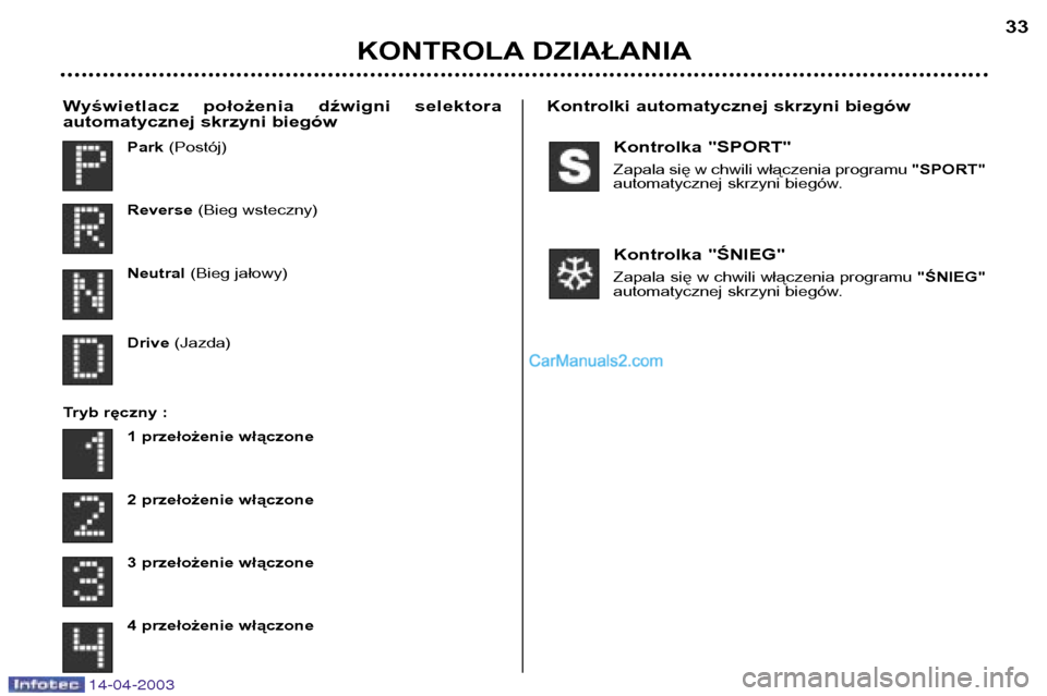 Peugeot 307 SW 2003  Instrukcja Obsługi (in Polish) Kontrolka "SPORT" 
Zapala się w chwili włączenia programu "SPORT"
automatycznej skrzyni biegów. 
Kontrolka "ŚNIEG" 
Zapala się w chwili włączenia programu  "ŚNIEG"
automatycznej skrzyni bieg