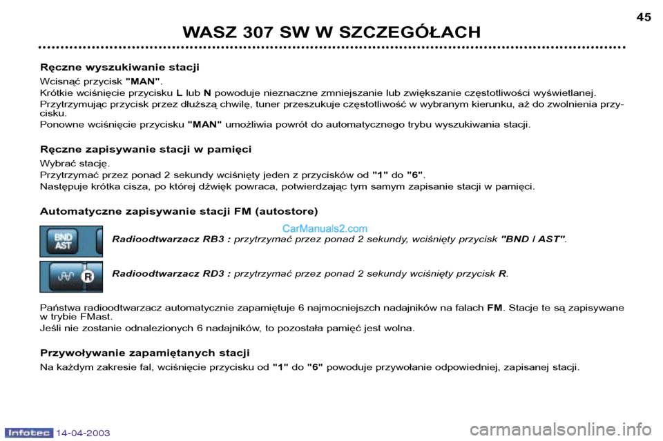 Peugeot 307 SW 2003 Instrukcja Obsługi (in Polish) 14-04-2003
Ręczne wyszukiwanie stacji
Wcisnąć przycisk "MAN".
Krótkie wciśnięcie przycisku Llub Npowoduje nieznaczne zmniejszanie lub zwiększanie częstotliwości wyświetlanej.
Przytrzymuj Peugeot 307 SW 2003 Instrukcja Obsługi (in Polish) 14-04-2003
Ręczne wyszukiwanie stacji
Wcisnąć przycisk "MAN".
Krótkie wciśnięcie przycisku Llub Npowoduje nieznaczne zmniejszanie lub zwiększanie częstotliwości wyświetlanej.
Przytrzymuj