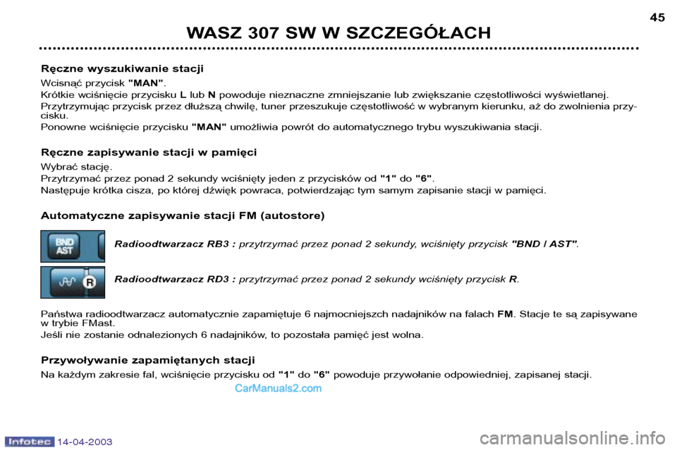 Peugeot 307 SW 2003 Instrukcja Obsługi (in Polish) 14-04-2003
Ręczne wyszukiwanie stacji
Wcisnąć przycisk "MAN".
Krótkie wciśnięcie przycisku Llub Npowoduje nieznaczne zmniejszanie lub zwiększanie częstotliwości wyświetlanej.
Przytrzymuj Peugeot 307 SW 2003 Instrukcja Obsługi (in Polish) 14-04-2003
Ręczne wyszukiwanie stacji
Wcisnąć przycisk "MAN".
Krótkie wciśnięcie przycisku Llub Npowoduje nieznaczne zmniejszanie lub zwiększanie częstotliwości wyświetlanej.
Przytrzymuj
