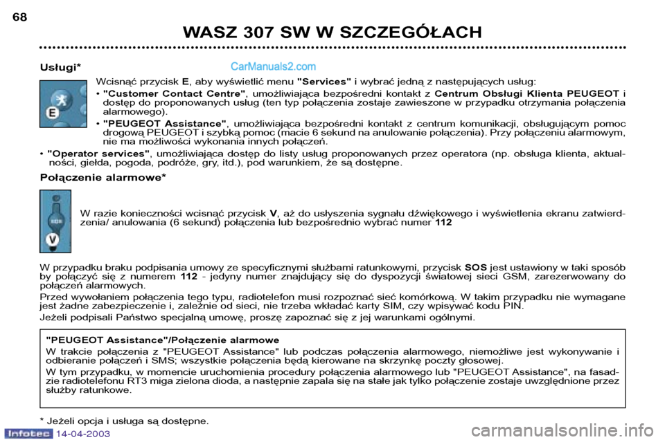 Peugeot 307 SW 2003 Instrukcja Obsługi (in Polish) 14-04-2003
WASZ 307 SW W SZCZEGÓŁACH
68
Usługi* Wcisnąć przycisk E, aby wyświetlić menu "Services"i wybrać jedną z następujących usług:
• "Customer Contact Centre" , umożliwiając Peugeot 307 SW 2003 Instrukcja Obsługi (in Polish) 14-04-2003
WASZ 307 SW W SZCZEGÓŁACH
68
Usługi* Wcisnąć przycisk E, aby wyświetlić menu "Services"i wybrać jedną z następujących usług:
• "Customer Contact Centre" , umożliwiając