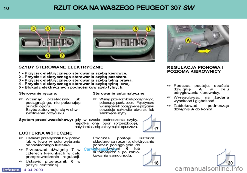 Peugeot 307 SW 2003  Instrukcja Obsługi (in Polish) 14-04-2003
System przeciwzaciskowy: gdy  w  czasie  podnoszenia  szyby, 
napotka  ona  opór  (przeszkodę),
natychmiast się zatrzymuje i opuszcza.
LUSTERKA WSTECZNE
10RZUT OKA NA WASZEGO PEUGEOT 307