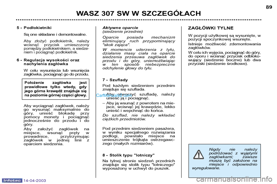 Peugeot 307 SW 2003 Instrukcja Obsługi (in Polish) 14-04-2003
Nigdy nie należy
podróżować z wyjętymi
zagłówkami; zawsze
muszą być założone na
miejsce i odpowiednio
wyregulowane.
5 - Podłokietniki
Są one składane i demontowalne Peugeot 307 SW 2003 Instrukcja Obsługi (in Polish) 14-04-2003
Nigdy nie należy
podróżować z wyjętymi
zagłówkami; zawsze
muszą być założone na
miejsce i odpowiednio
wyregulowane.
5 - Podłokietniki
Są one składane i demontowalne