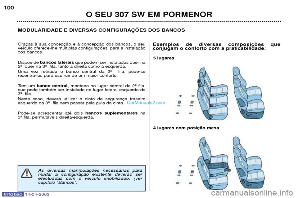 Peugeot 307 SW 2003  Manual do proprietário (in Portuguese) 14-04-2003
5 lugares 4 lugares com posi
MODULARIDADE E DIVERSAS CONFIGURA‚ÍES DOS BANCOS
O SEU 307 SW EM PORMENOR
100
Gra ve’culo oferece-lhe mœltiplas configurados bancos. Disp›e de 
bancos l