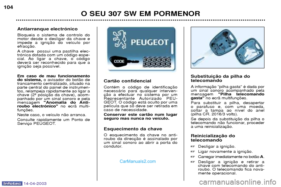 Peugeot 307 SW 2003  Manual do proprietário (in Portuguese) 14-04-2003
Cart‹o confidencial ContŽm o c—digo de identifica necess‡rio para qualquer interven-
Representante Autorizado  PEU-
GEOT. O c—digo est‡ oculto por umapel’cula que s— deve ser