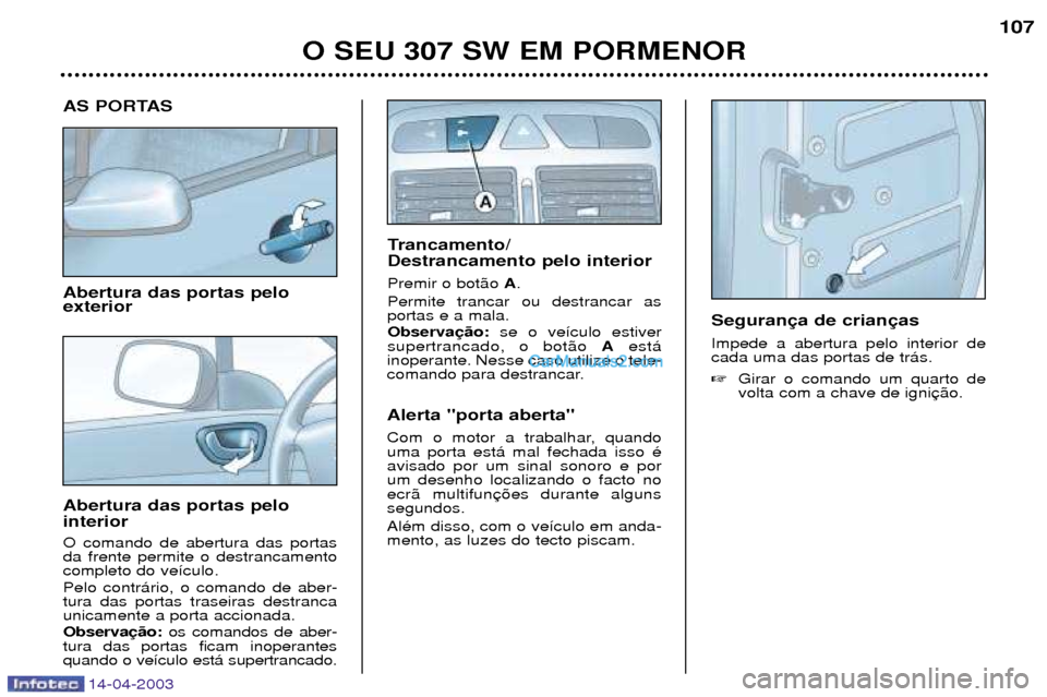 Peugeot 307 SW 2003  Manual do proprietário (in Portuguese) 14-04-2003
AS PORTAS Abertura das portas pelo exterior Abertura das portas pelo interior O comando de abertura das portas da frente permite o destrancamentocompleto do ve’culo. Pelo contr‡rio, o c
