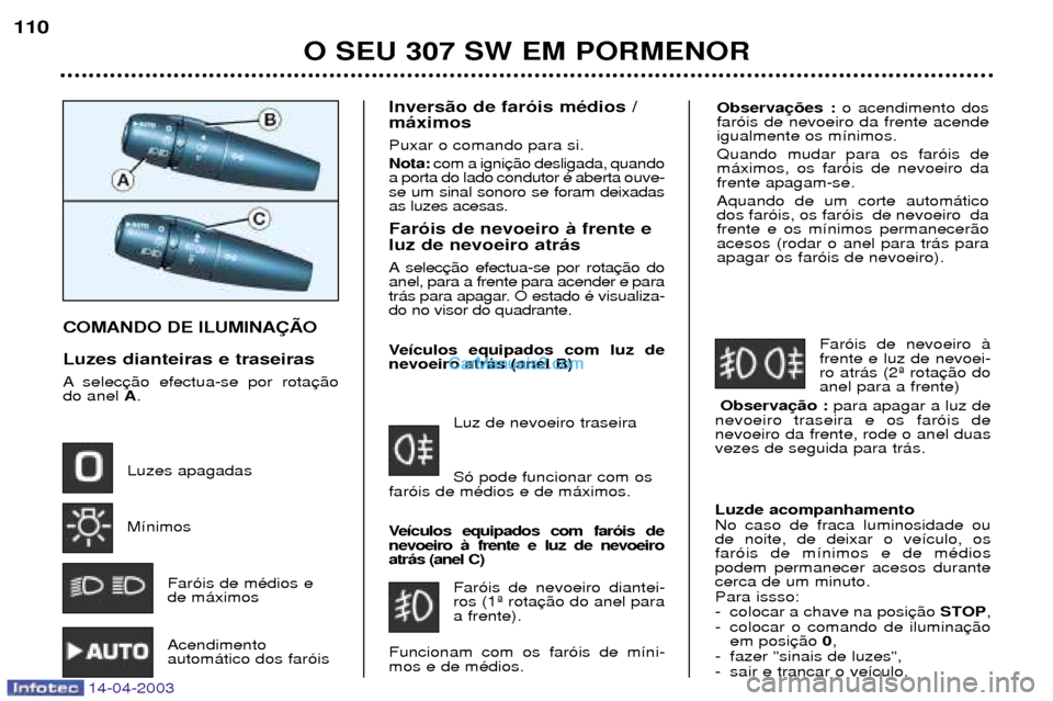 Peugeot 307 SW 2003  Manual do proprietário (in Portuguese) Observao acendimento dos
far—is de nevoeiro da frente acende igualmente os m’nimos. Quando mudar para os far—is de m‡ximos, os far—is de nevoeiro dafrente apagam-se. Aquando de um corte auto