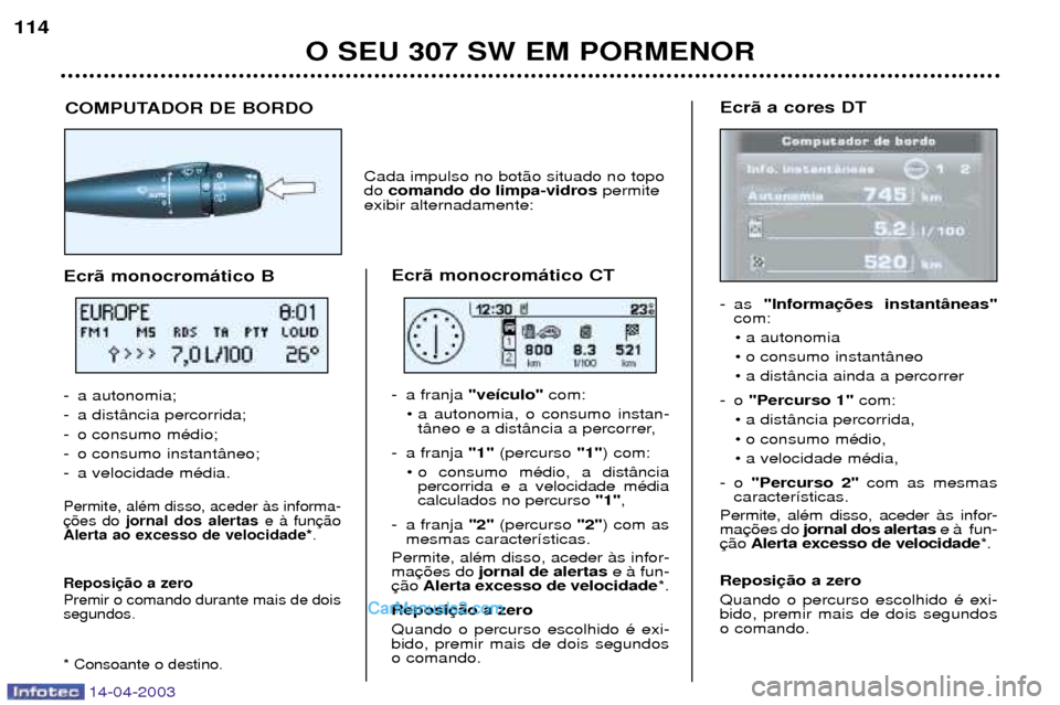 Peugeot 307 SW 2003  Manual do proprietário (in Portuguese) 14-04-2003
O SEU 307 SW EM PORMENOR
114
Ecr‹ a cores DT 
- as "Informa
com:
¥ a autonomia 
¥ o consumo instant‰neo
¥ a dist‰ncia ainda a percorrer
-o  "Percurso 1" com:
¥ a dist‰ncia perco