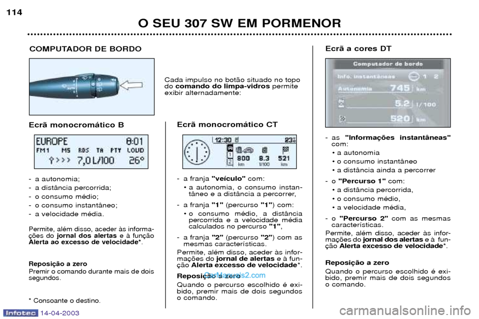 Peugeot 307 SW 2003  Manual do proprietário (in Portuguese) 14-04-2003
O SEU 307 SW EM PORMENOR
114
Ecr‹ a cores DT 
- as "Informa
com:
¥ a autonomia 
¥ o consumo instant‰neo
¥ a dist‰ncia ainda a percorrer
-o  "Percurso 1" com:
¥ a dist‰ncia perco