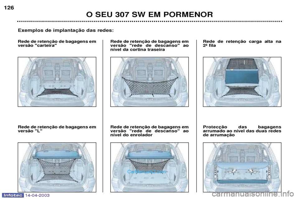 Peugeot 307 SW 2003  Manual do proprietário (in Portuguese) 14-04-2003
O SEU 307 SW EM PORMENOR
126
Exemplos de implanta
Rede de reten vers‹o "carteira" Rede de retenvers‹o "rede de descanso" aon’vel da cortina traseira Rede de reten vers‹o "rede de de