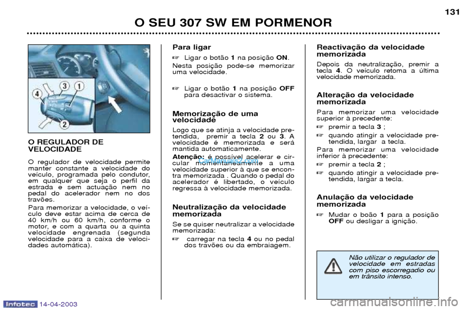 Peugeot 307 SW 2003 Manual do proprietário (in Portuguese) 14-04-2003
O REGULADOR DE VELOCIDADE O regulador de velocidade permite manter constante a velocidade do
ve’culo, programada pelo condutor,em qualquer que seja o perfil daestrada e sem actuapedal do Peugeot 307 SW 2003 Manual do proprietário (in Portuguese) 14-04-2003
O REGULADOR DE VELOCIDADE O regulador de velocidade permite manter constante a velocidade do
ve’culo, programada pelo condutor,em qualquer que seja o perfil daestrada e sem actuapedal do