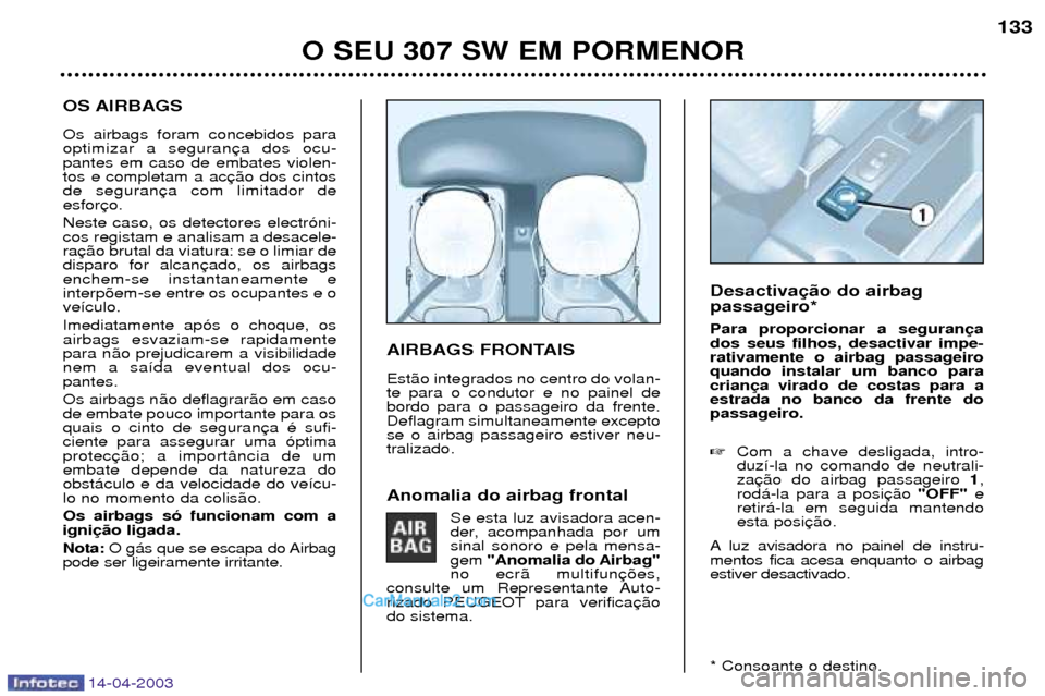 Peugeot 307 SW 2003  Manual do proprietário (in Portuguese) 14-04-2003
OS AIRBAGS Os airbags foram concebidos para optimizar a seguranpantes em caso de embates violen-tos e completam a acde seguranesfor Neste caso, os detectores electr—ni- cos registam e ana