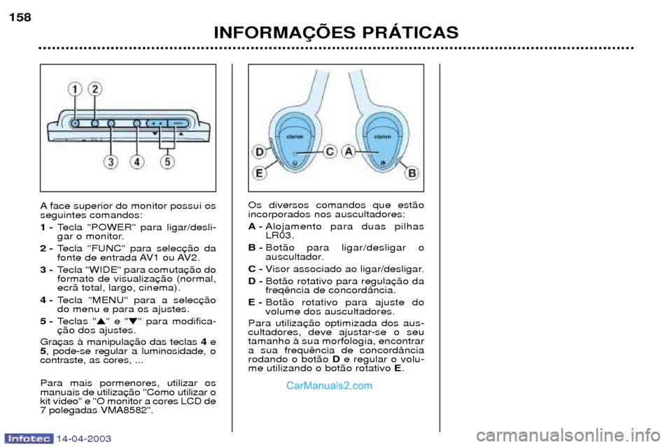 Peugeot 307 SW 2003  Manual do proprietário (in Portuguese) 14-04-2003
Os diversos comandos que est‹o incorporados nos auscultadores: A-Alojamento para duas pilhas LR03.
B - Bot‹o para ligar/desligar o 
auscultador.
C - Visor associado ao ligar/desligar.
D