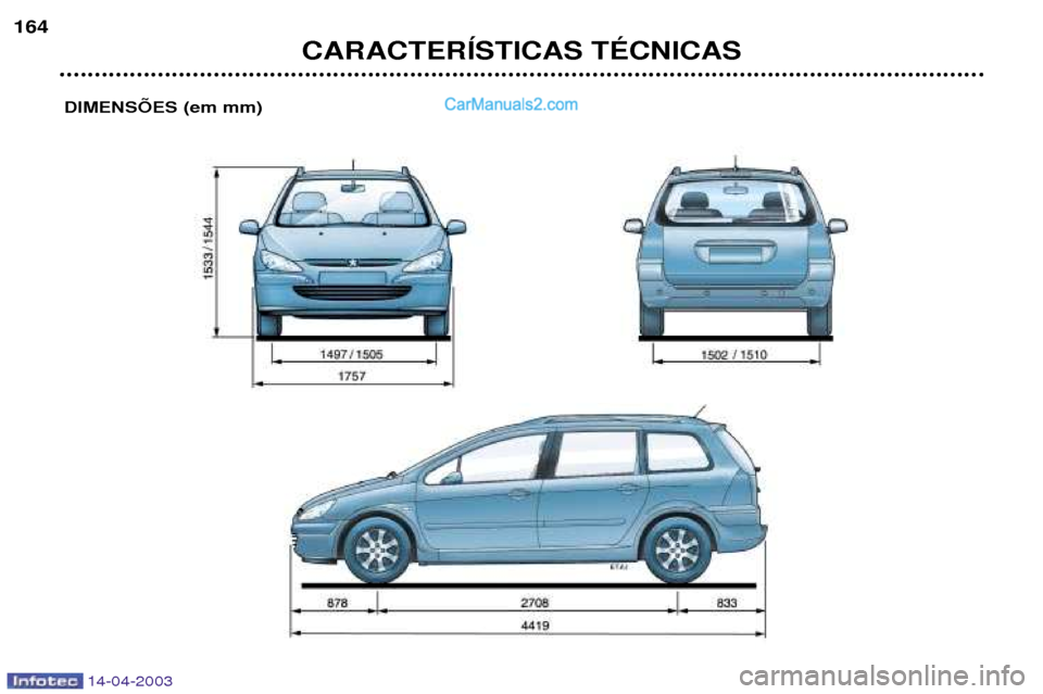 Peugeot 307 SW 2003  Manual do proprietário (in Portuguese) 14-04-2003
CARACTERêSTICAS TƒCNICAS
164
DIMENSÍES (em mm)   