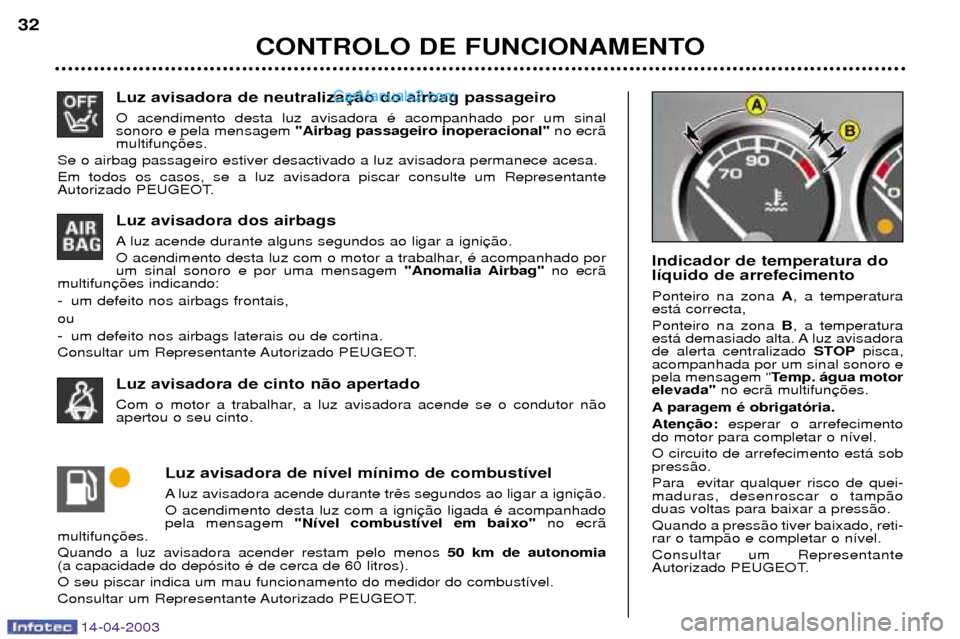 Peugeot 307 SW 2003  Manual do proprietário (in Portuguese) 14-04-2003
Luz avisadora de neutraliza O acendimento desta luz avisadora Ž acompanhado por um sinal  sonoro e pela mensagem "Airbag passageiro inoperacional" no ecr‹ 
multifun
Se o airbag passageir