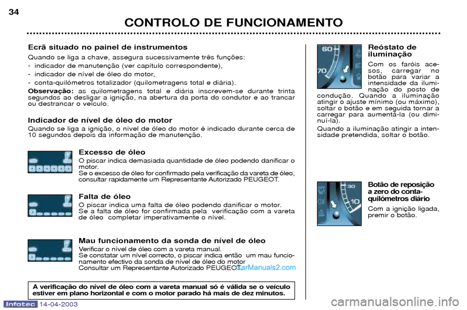 Peugeot 307 SW 2003 Manual do proprietário (in Portuguese) 14-04-2003
Ecr‹ situado no painel de instrumentos Quando se liga a chave, assegura sucessivamente tr
- indicador de manuten
- indicador de n’vel de —leo do motor,
- conta-quil—metros totaliza Peugeot 307 SW 2003 Manual do proprietário (in Portuguese) 14-04-2003
Ecr‹ situado no painel de instrumentos Quando se liga a chave, assegura sucessivamente tr
- indicador de manuten
- indicador de n’vel de —leo do motor,
- conta-quil—metros totaliza