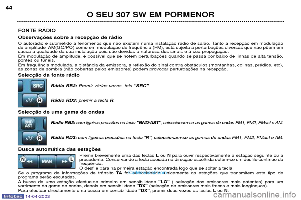 Peugeot 307 SW 2003 Manual do proprietário (in Portuguese) 14-04-2003
FONTE RçDIO Observa
O autor‡dio Ž submetido a fen—menos que n‹o existem numa instala
de amplitude AM(GO/PO) como em modulacausa a qualidade da sua instala Em modula pontes ou tœ Peugeot 307 SW 2003 Manual do proprietário (in Portuguese) 14-04-2003
FONTE RçDIO Observa
O autor‡dio Ž submetido a fen—menos que n‹o existem numa instala
de amplitude AM(GO/PO) como em modulacausa a qualidade da sua instala Em modula pontes ou tœ