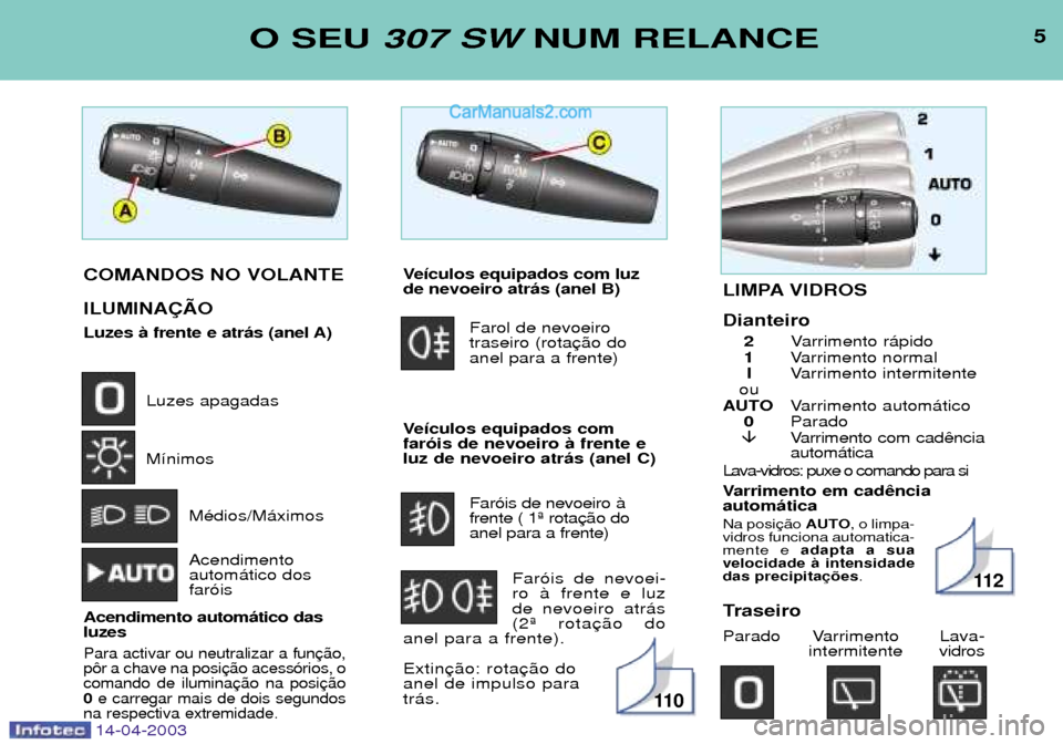 Peugeot 307 SW 2003  Manual do proprietário (in Portuguese) 5O SEU 307 SW NUM RELANCE
14-04-2003
COMANDOS NO VOLANTE ILUMINA‚ÌO 
Luzes ˆ frente e atr‡s (anel A)
Luzes apagadas M’nimosMŽdios/M‡ximos Acendimento autom‡tico dosfar—is
Acendimento au