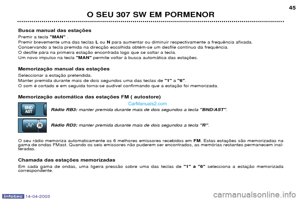 Peugeot 307 SW 2003 Manual do proprietário (in Portuguese) 14-04-2003
Busca manual das esta Premir a tecla "MAN".
Premir brevemente uma das teclas Lou Npara aumentar ou diminuir respectivamente a frequ
Conservando a tecla premida na direc O desfile p‡ra na Peugeot 307 SW 2003 Manual do proprietário (in Portuguese) 14-04-2003
Busca manual das esta Premir a tecla "MAN".
Premir brevemente uma das teclas Lou Npara aumentar ou diminuir respectivamente a frequ
Conservando a tecla premida na direc O desfile p‡ra na