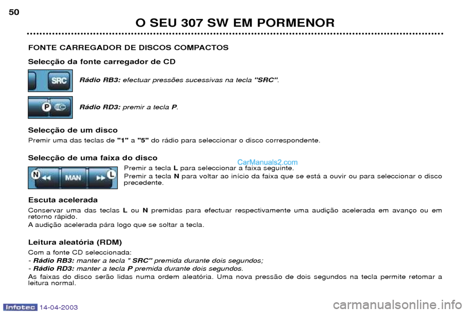 Peugeot 307 SW 2003 Manual do proprietário (in Portuguese) 14-04-2003
FONTE CARREGADOR DE DISCOS COMPACTOS SelecR‡dio RB3: efectuar press›es sucessivas na tecla "SRC".
R‡dio RD3: premir a tecla P.
Selec Premir uma das teclas de "1" a"5" do r‡dio Peugeot 307 SW 2003 Manual do proprietário (in Portuguese) 14-04-2003
FONTE CARREGADOR DE DISCOS COMPACTOS SelecR‡dio RB3: efectuar press›es sucessivas na tecla "SRC".
R‡dio RD3: premir a tecla P.
Selec Premir uma das teclas de "1" a"5" do r‡dio