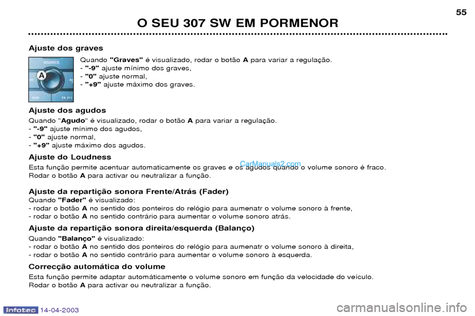 Peugeot 307 SW 2003  Manual do proprietário (in Portuguese) 14-04-2003
O SEU 307 SW EM PORMENOR
55
Ajuste dos graves Quando "Graves" Ž visualizado, rodar o bot‹o  Apara variar a regula
-  "-9" ajuste m’nimo dos graves,
-  "0" ajuste normal,
-  "+9" ajuste