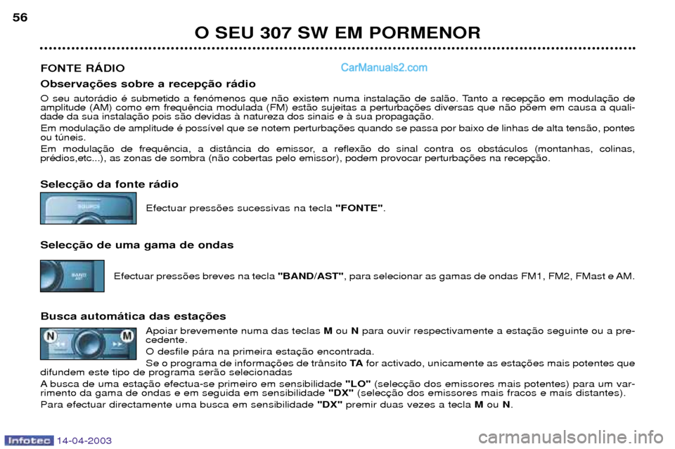 Peugeot 307 SW 2003  Manual do proprietário (in Portuguese) 14-04-2003
O SEU 307 SW EM PORMENOR
56
FONTE RçDIO Observa 
O seu autor‡dio Ž submetido a fen—menos que n‹o existem numa instala amplitude (AM) como em frequdade da sua instala Em modula ou t