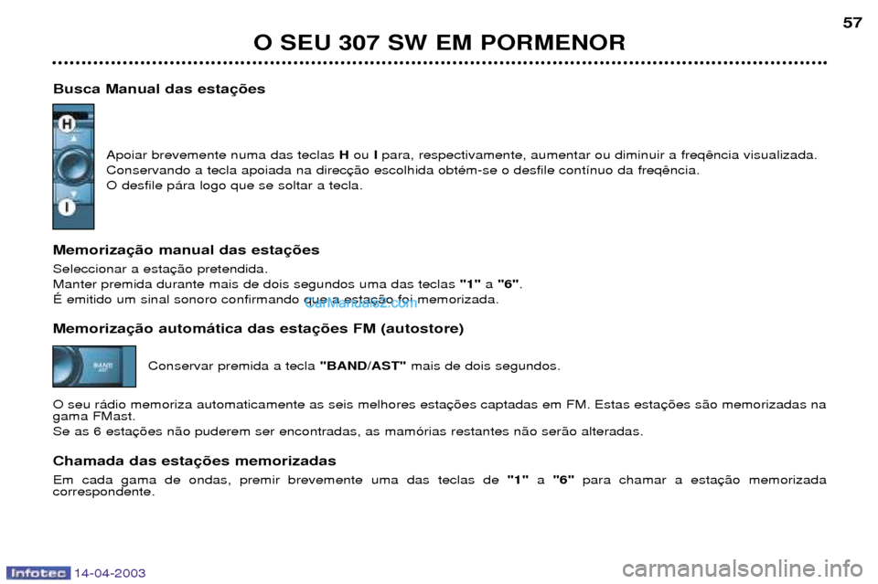 Peugeot 307 SW 2003  Manual do proprietário (in Portuguese) 14-04-2003
O SEU 307 SW EM PORMENOR57
Busca Manual das esta Apoiar brevemente numa das teclas  Hou  Ipara, respectivamente, aumentar ou diminuir a freq
Conservando a tecla apoiada na direc O desfile p