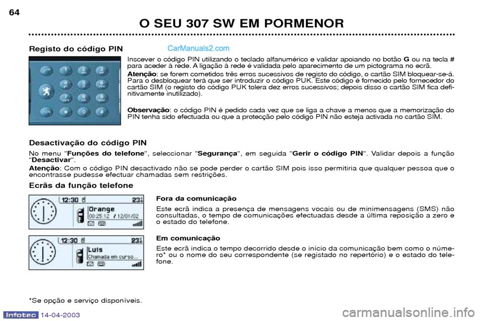 Peugeot 307 SW 2003 Manual do proprietário (in Portuguese) 14-04-2003
O SEU 307 SW EM PORMENOR
64
Registo do c—digo PIN Inscever o c—digo PIN utilizando o teclado alfanumŽrico e validar apoiando no bot‹o Gou na tecla #
para aceder ˆ rede. A liga Aten Peugeot 307 SW 2003 Manual do proprietário (in Portuguese) 14-04-2003
O SEU 307 SW EM PORMENOR
64
Registo do c—digo PIN Inscever o c—digo PIN utilizando o teclado alfanumŽrico e validar apoiando no bot‹o Gou na tecla #
para aceder ˆ rede. A liga Aten