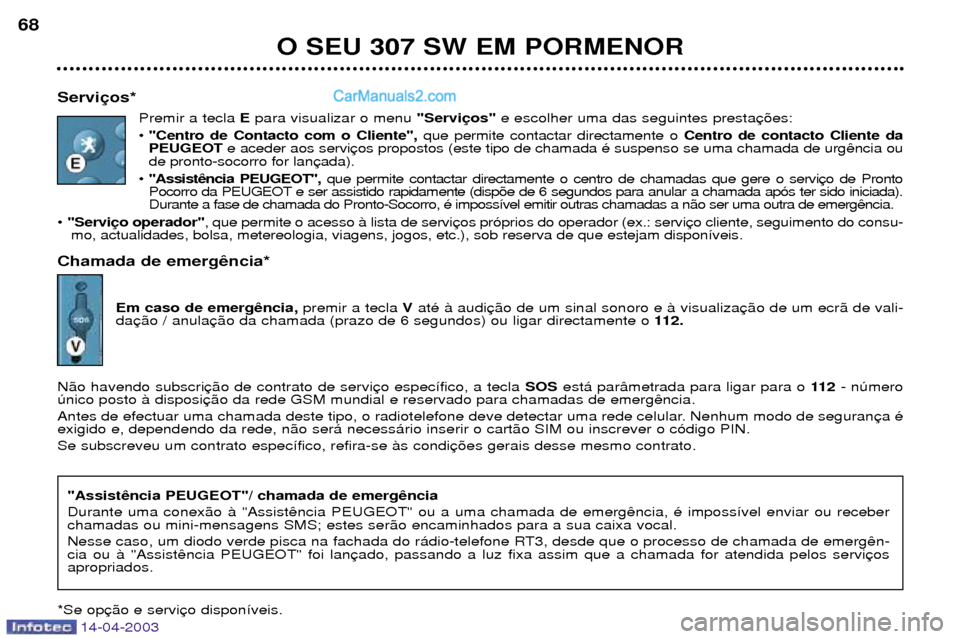 Peugeot 307 SW 2003 Manual do proprietário (in Portuguese) 14-04-2003
O SEU 307 SW EM PORMENOR
68
Servi Premir a tecla Epara visualizar o menu "Servie escolher uma das seguintes presta
¥ "Centro de Contacto com o Cliente", que permite contactar directamen Peugeot 307 SW 2003 Manual do proprietário (in Portuguese) 14-04-2003
O SEU 307 SW EM PORMENOR
68
Servi Premir a tecla Epara visualizar o menu "Servie escolher uma das seguintes presta
¥ "Centro de Contacto com o Cliente", que permite contactar directamen